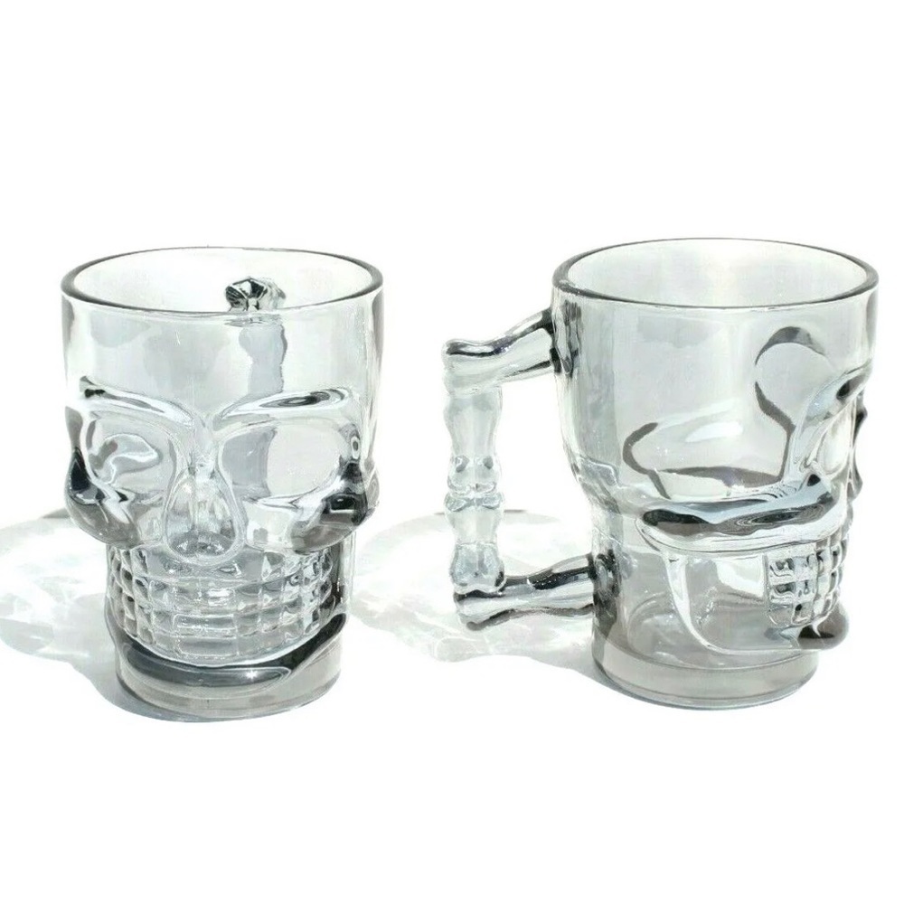 Skull Face Drinking Mugs Set of 2‎ Beer Cups Circleware Clear Heavy Base